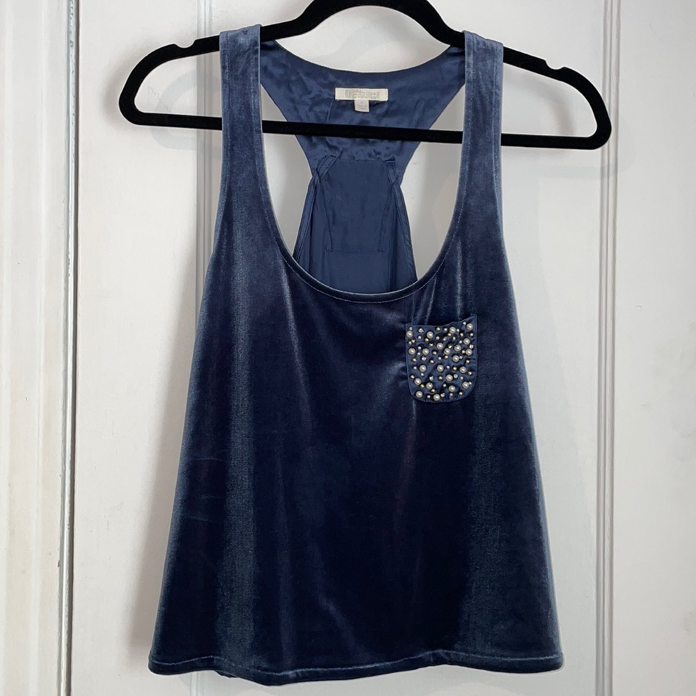 Faquette brand velvet tank top with crystal and pearl embellishments